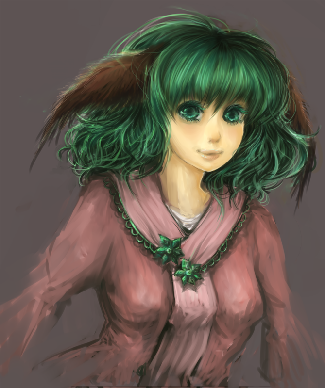 animal_ears bad_deviantart_id bad_id brooch colored_eyelashes dog_ears flower green_eyes green_hair jewelry kasodani_kyouko light_smile lips looking_at_viewer sheryth short_hair simple_background smile solo touhou wavy_hair