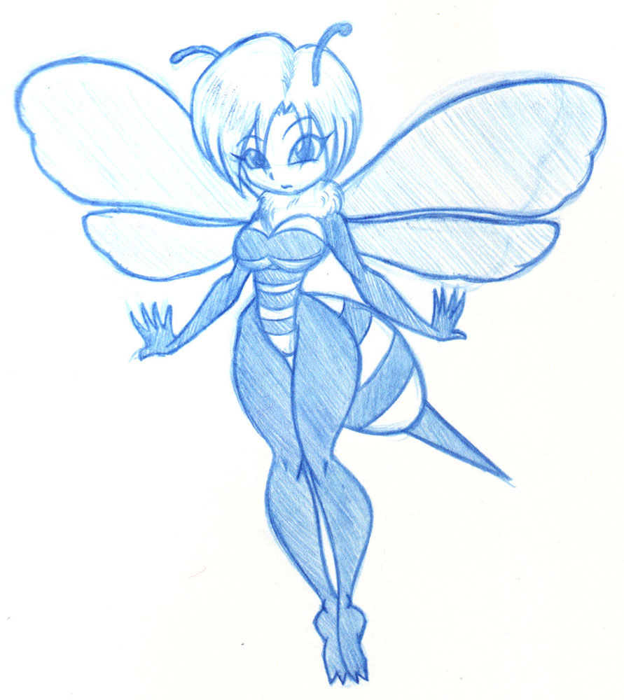bee big_breasts breasts cute female flying hair looking_at_viewer sketch solo stripes voluptuous wide_hips wings x-cross
