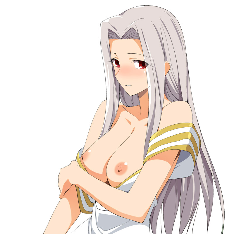 a1 bare_shoulders blush breasts dress fate/zero fate_(series) hair_intakes irisviel_von_einzbern large_breasts light_smile long_hair no_bra off_shoulder purple_hair red_eyes silver_hair simple_background solo strap_slip undressing white_background