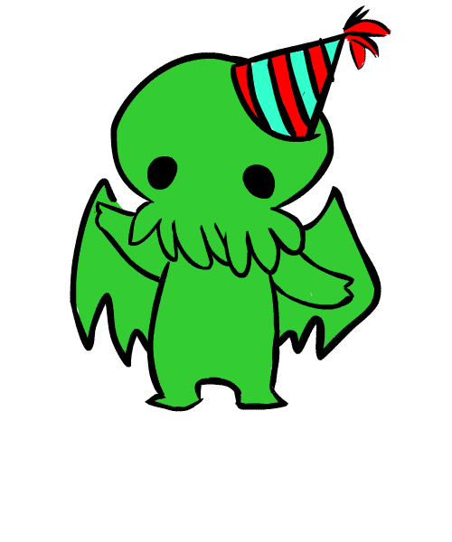 animated black_eyes cthulhu cthulhu_mythos cute green green_skin h.p._lovecraft loop party_hat plain_background solo tentacles unknown_artist wave waving white_background wings