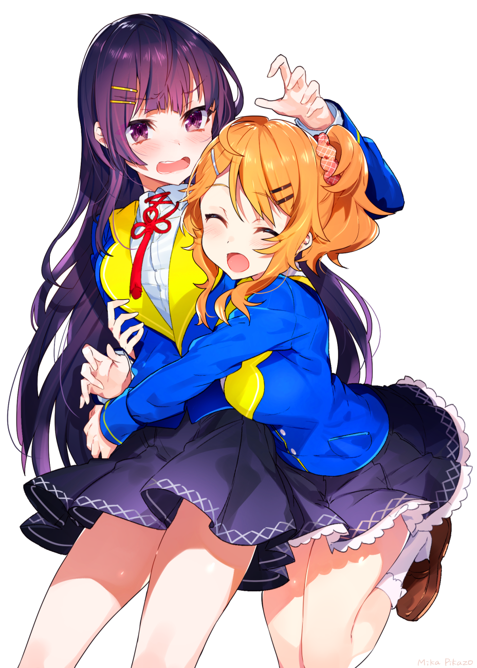 2girls :d ahoge blue_jacket blush brown_footwear collared_shirt commentary_request copyright_request d: embarrassed eyebrows_visible_through_hair eyes_closed hair_ornament hair_scrunchie hairclip highres hug hug_from_behind jacket loafers long_hair long_sleeves mika_pikazo multiple_girls neck_ribbon open_mouth pink_scrunchie pleated_skirt purple_hair purple_skirt red_neckwear red_ribbon ribbon scrunchie shirt shoes short_hair simple_background skirt smile socks two_side_up vest white_background white_legwear white_shirt wing_collar