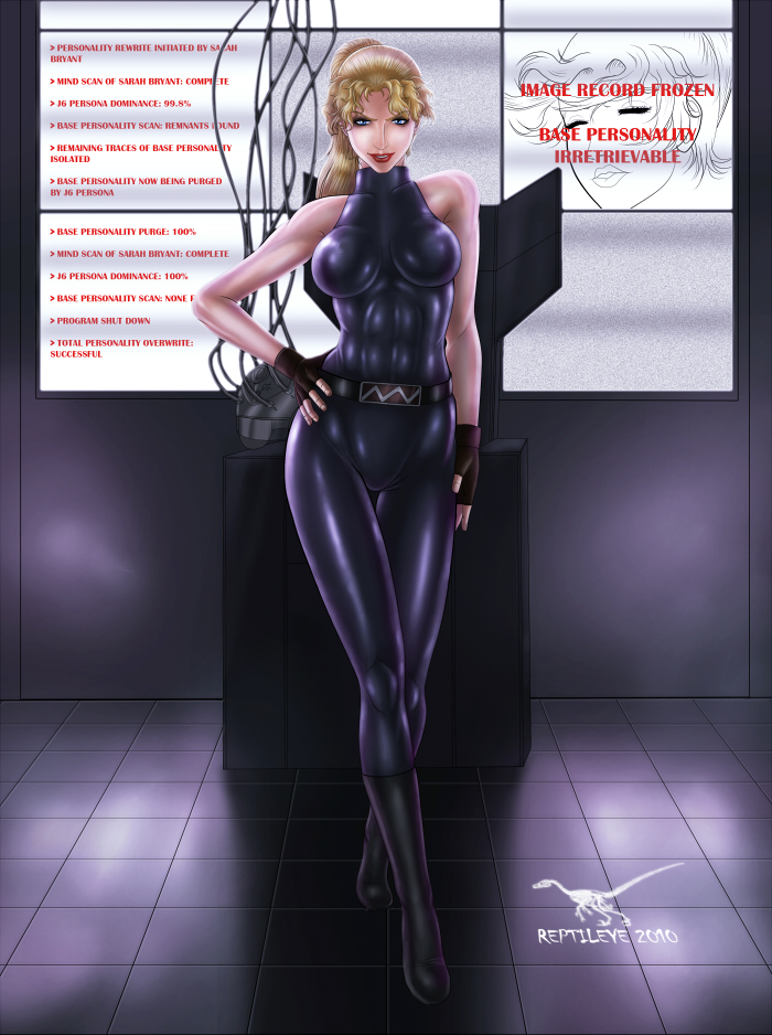 abs bare_shoulders blonde_hair blue_eyes bodysuit boots breasts crossed_legs fingerless_gloves gloves halterneck hand_on_hip large_breasts lips lipstick makeup monitor ponytail reptileye sarah_bryant solo standing toned virtua_fighter watson_cross