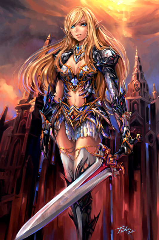 armor blonde_hair blue_eyes bracer center_opening copyright_request elf elf_(lineage_2) lineage lineage_2 long_hair pointy_ears skirt smile solo thighhighs tida_kietsungden