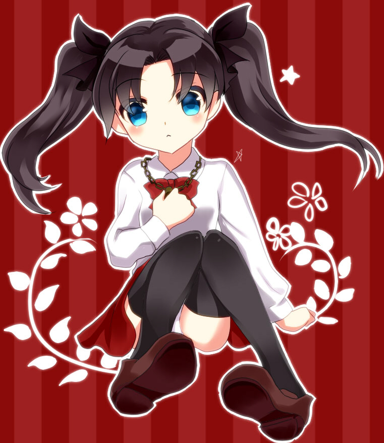 :&lt; bad_id bad_pixiv_id black_legwear blue_eyes brown_hair child fate/stay_night fate/zero fate_(series) hair_ribbon jewelry long_hair miu_(3dango71) necklace ribbon solo thighhighs toosaka_rin twintails younger