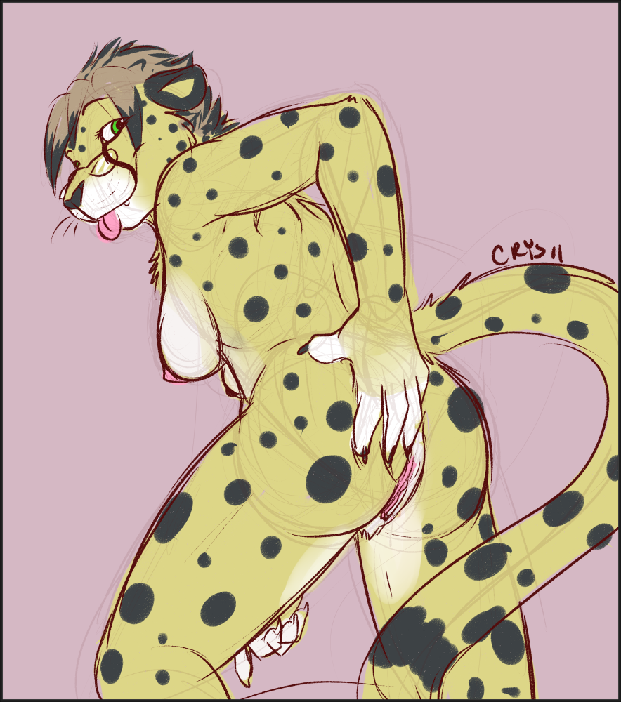 anthro back_turned breasts butt cheetah eyewear feline female glasses green_eyes inviting looking_at_viewer looking_back mammal nipples nude presenting presenting_hindquarters pussy raised_tail solo taillone tongue tongue_out