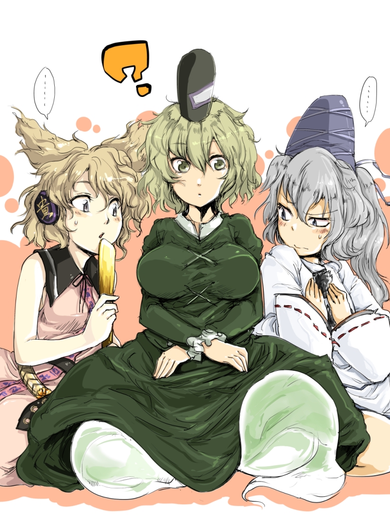 3girls ? blush breast_envy breasts brown_hair commentary_request dress face ghost_tail green_dress green_hair grey_hair hands_on_own_chest harusame_(unmei_no_ikasumi) hat japanese_clothes kariginu large_breasts looking_at_breasts mononobe_no_futo multiple_girls seiza sitting soga_no_tojiko staring tate_eboshi touhou toyosatomimi_no_miko