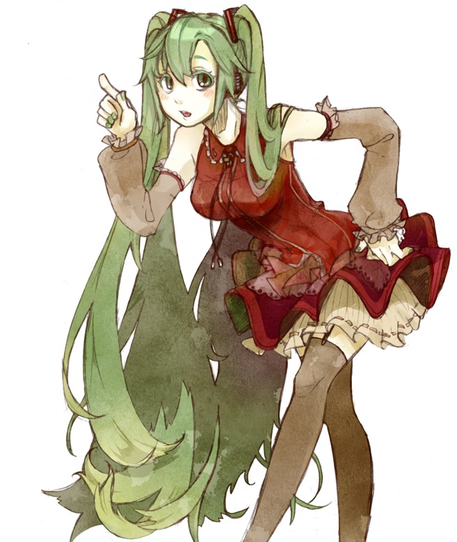 detached_sleeves dress garter_straps green_eyes green_hair hand_on_hip hatsune_miku leaning_forward long_hair pointing simple_background solo thighhighs twintails very_long_hair vocaloid