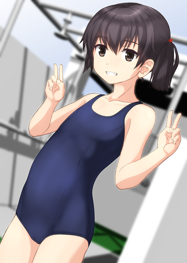 1girl black_hair blue_swimsuit blurry brown_eyes commentary_request cowboy_shot day depth_of_field double_v dutch_angle flat_chest grin long_hair looking_at_viewer new_school_swimsuit original outdoors school_swimsuit shower_head smile solo swimsuit takafumi twintails v