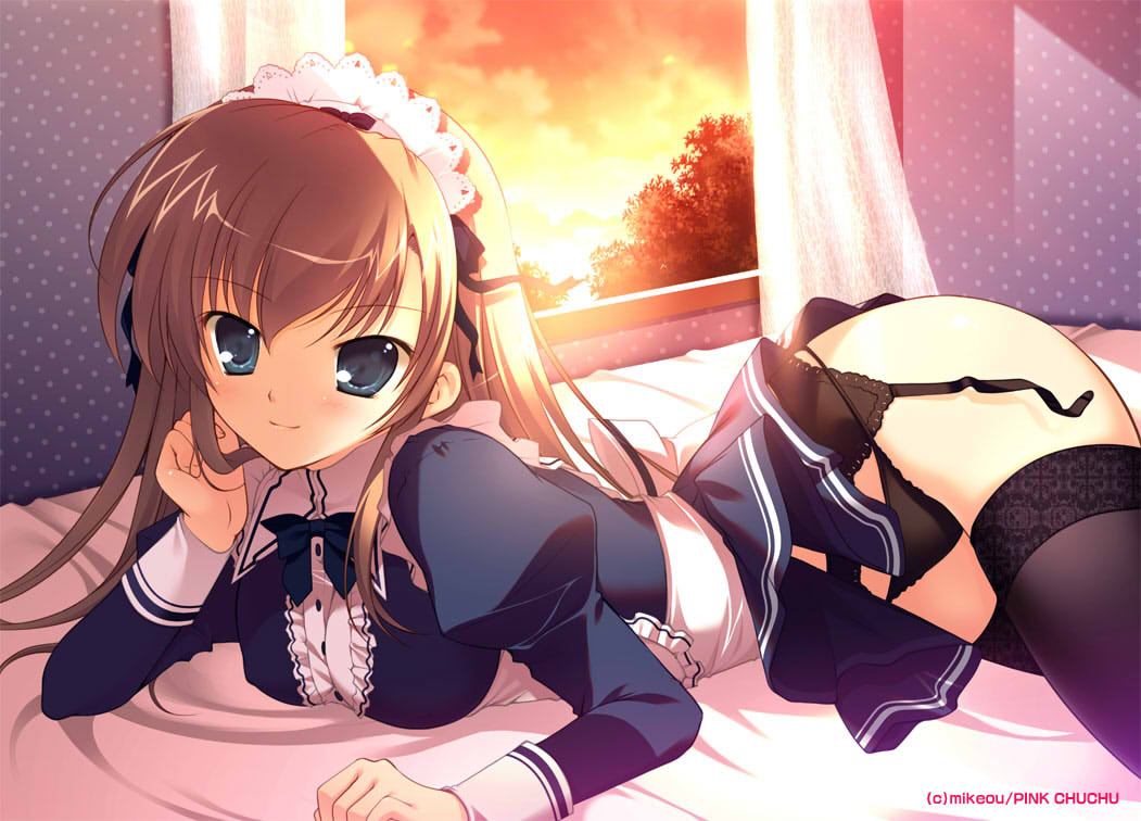bed black_legwear breasts copyright_request covered_nipples curtains garter_belt lace lace-trimmed_thighhighs long_hair lying maid maid_headdress medium_breasts mikeou panties solo sunset thighhighs underwear window