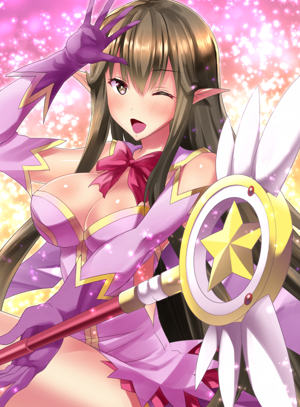 :d blush breasts brown_eyes brown_hair cleavage cosplay dress fate/grand_order fate/kaleid_liner_prisma_illya fate_(series) gloves large_breasts long_hair looking_at_viewer magical_girl magical_sapphire miyu_edelfelt miyu_edelfelt_(cosplay) one_eye_closed open_mouth pointy_ears pony_r purple_dress purple_gloves semiramis_(fate) smile staff very_long_hair