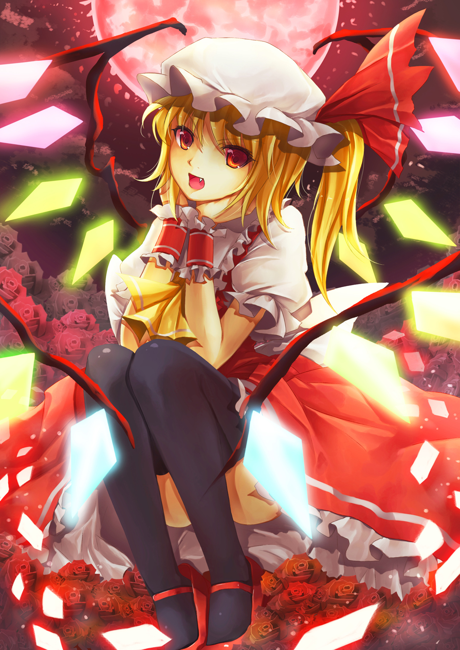ascot black_legwear blonde_hair chin_rest crystal fang flandre_scarlet flower full_moon glowing glowing_wings hat highres mary_janes moon open_mouth petals red_eyes red_moon rose shoes short_hair side_ponytail sola_(sola04) solo thighhighs touhou wings wrist_cuffs