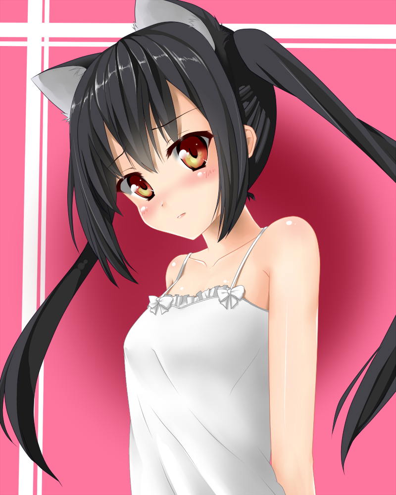animal_ears black_hair cat_ears colorized k-on! long_hair nakano_azusa nurie red_eyes solo twintails