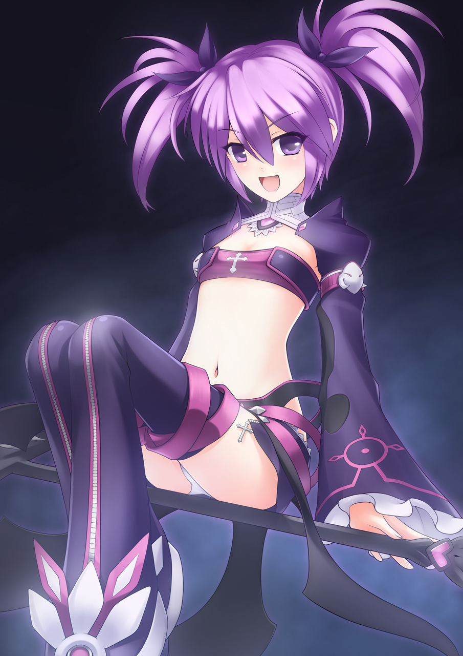 aisha_(elsword) bandeau boots broom broom_riding detached_sleeves elsword flat_chest full_body hair_between_eyes highres midriff miniskirt navel panties pantyshot pantyshot_(sitting) purple_eyes purple_footwear purple_hair purple_legwear purple_skirt purple_sleeves ricegnat shirt short_hair sidesaddle sitting skirt smile solo staff strapless taut_clothes taut_shirt thighhighs tubetop twintails underwear void_princess_(elsword) white_panties