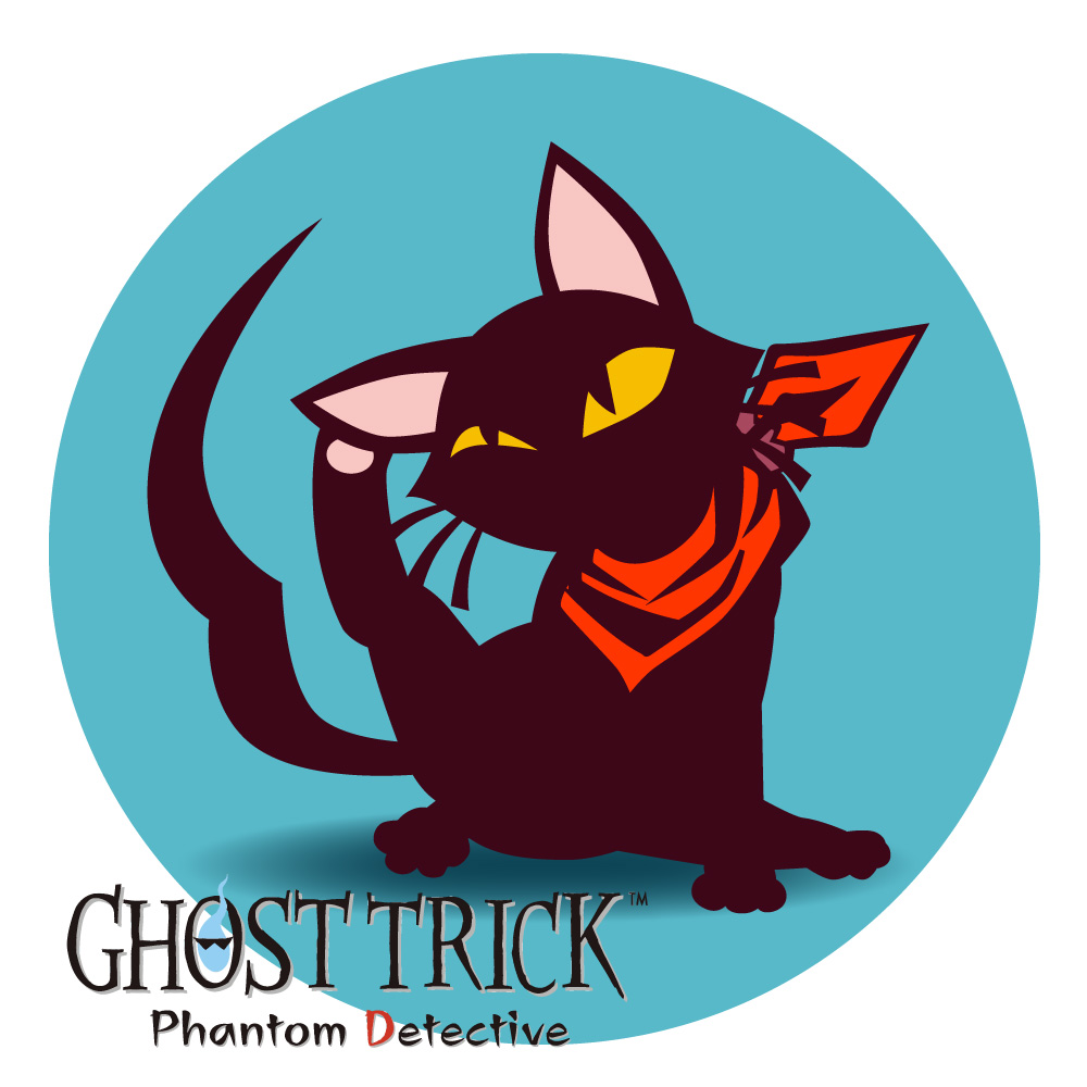 aqua_background black_cat cat cat_(ghost_trick) cat_focus circle copyright_name ghost ghost_trick jeff_hung leg_up looking_up neckerchief no_humans scarf scratching sitting solo sunglasses tail whiskers white_background yellow_eyes