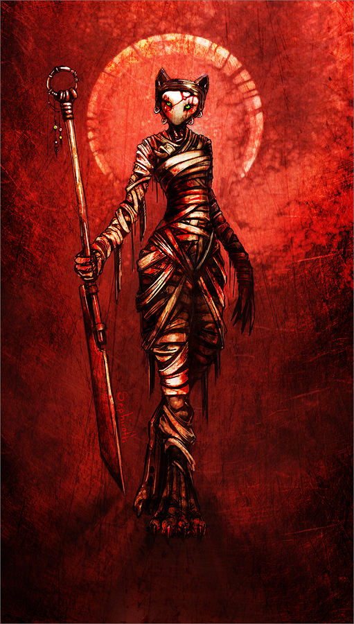 bastet blood cat claws digitigrade egyptian feline female glaive green_eyes mammal mask mummy plain_background red_background red_theme sephiroth_art solo undead warm_colors weapon
