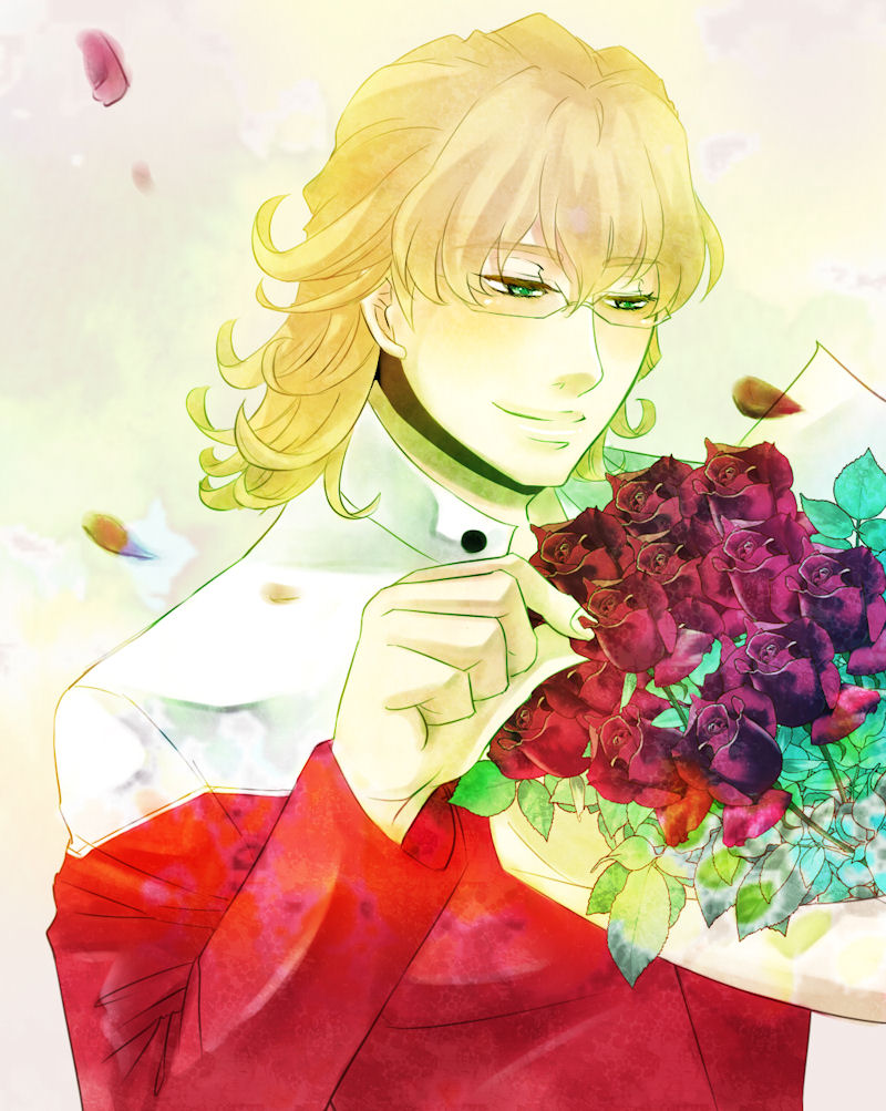 bad_id bad_pixiv_id barnaby_brooks_jr blonde_hair bouquet flower glasses green_eyes jacket jewelry male_focus necklace red_jacket rikoko rose solo tiger_&amp;_bunny