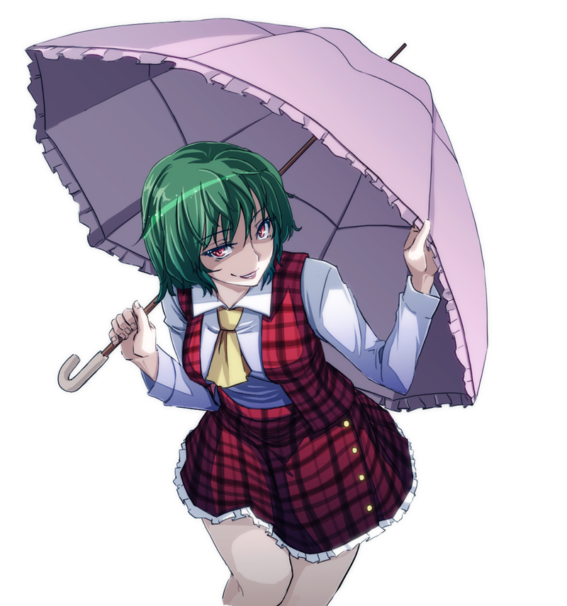 ascot breasts green_hair holding kazami_yuuka large_breasts leaning_forward long_sleeves looking_at_viewer miniskirt open_mouth plaid plaid_skirt plaid_vest red_eyes shirt short_hair simple_background skirt skirt_set smile smirk solo takayu touhou umbrella vest white_background