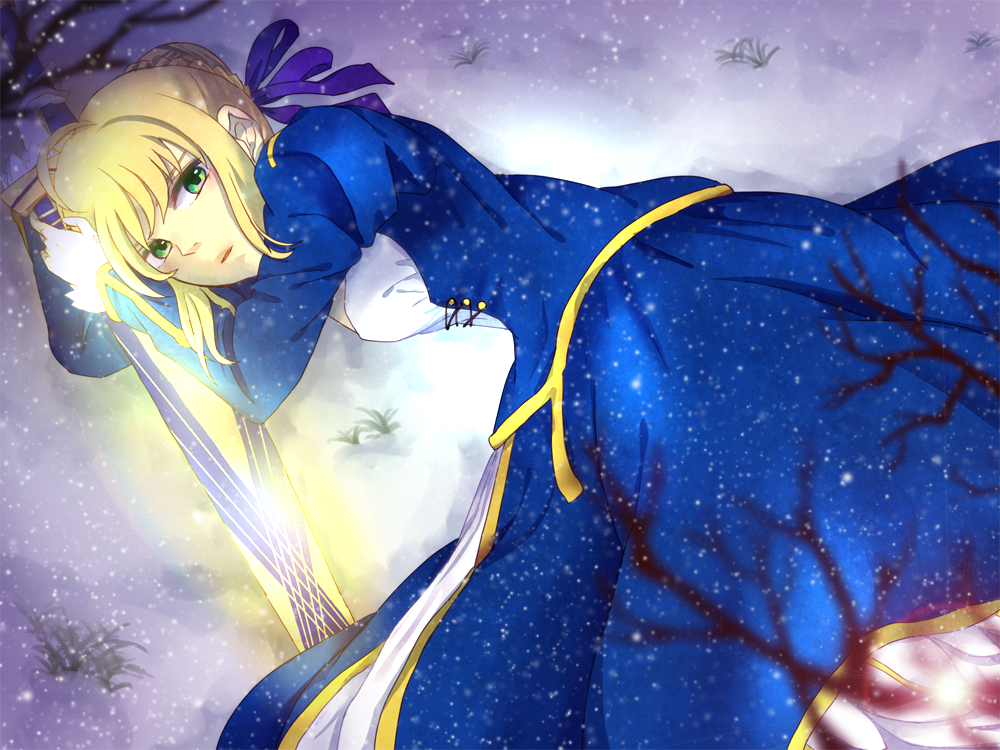 ahoge artoria_pendragon_(all) avalon_(fate/stay_night) bad_id bad_pixiv_id blonde_hair breasts dress excalibur fate/stay_night fate_(series) glowing glowing_sword glowing_weapon green_eyes hair_ribbon haruto_(artist) lying medium_breasts ribbon saber scabbard sheath solo sword weapon