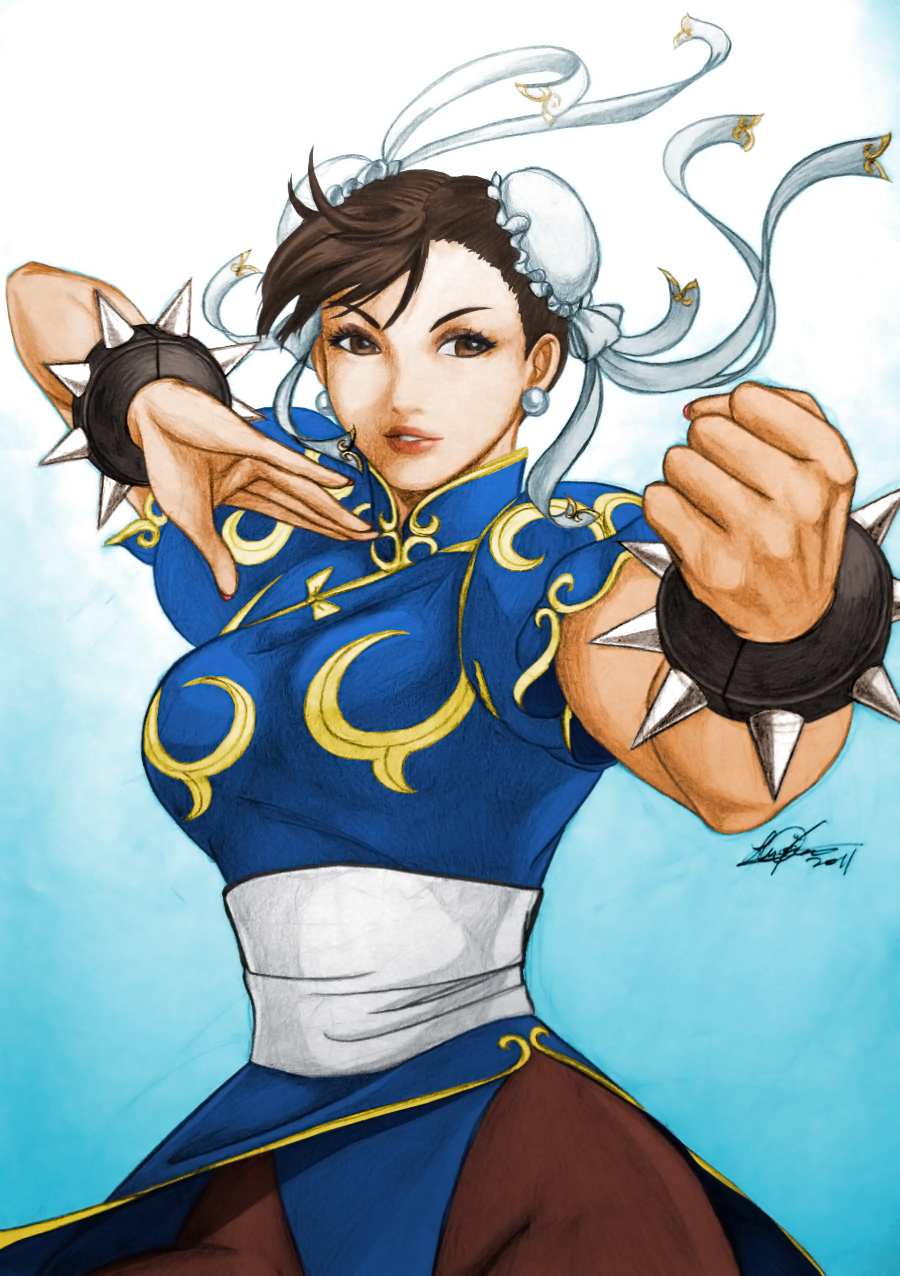 air-hammer bracelet brown_eyes brown_hair bun_cover china_dress chinese_clothes chun-li double_bun dress earrings fighting_stance highres jewelry lixin_wang pantyhose pelvic_curtain sash solo spiked_bracelet spikes street_fighter
