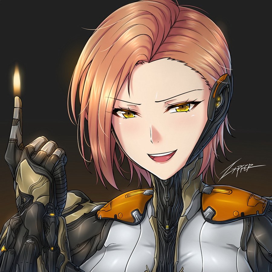 &gt;:) artist_name bodysuit brown_hair ember_(warframe) eyebrows_visible_through_hair fire flame grin hand_up humanization looking_at_viewer short_hair simple_background smile solo upper_body upper_teeth warframe yellow_eyes zxpfer