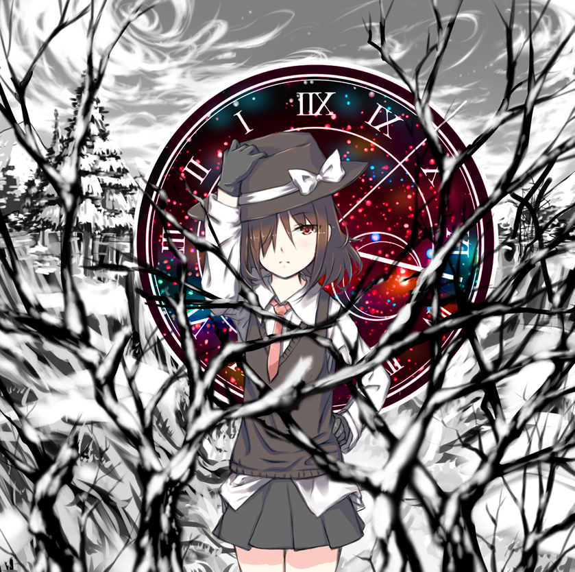 bow brown_eyes brown_hair clock face frown gloves hair_over_one_eye hand_on_headwear hand_on_hip hat mutsutsu necktie pleated_skirt ribbon skirt snow solo sweater_vest touhou tree usami_renko winter