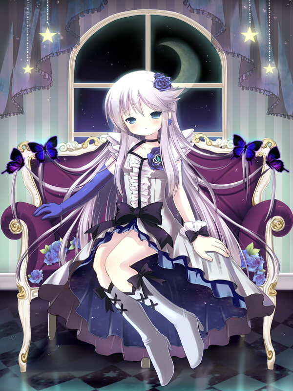 asymmetrical_clothes bad_id bad_pixiv_id black_choker blue_eyes blue_flower blue_rose boots bow breasts bug butterfly choker couch cure_moonlight dress elbow_gloves flower gloves hair_flower hair_ornament heart heartcatch_precure! insect knee_boots long_hair magical_girl medium_breasts moon night precure purple_hair rose sakura_puchirou single_elbow_glove single_glove sitting solo star tsukikage_yuri window wrist_cuffs