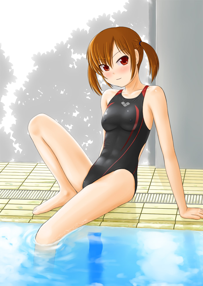 alternate_color arm_support barefoot brown_hair competition_swimsuit drain_(object) one-piece_swimsuit original pool poolside red_eyes refraction ripples short_hair sitting soaking_feet solo swimsuit tk4 twintails water