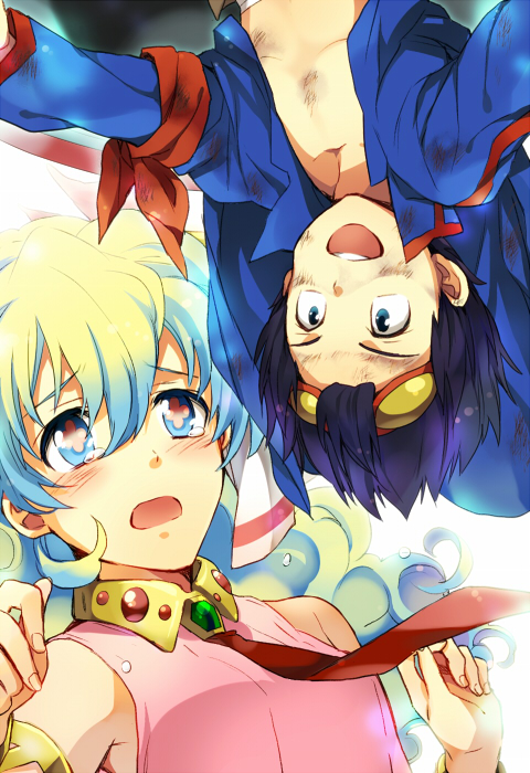 1girl blue_hair crying crying_with_eyes_open goggles goggles_on_head jewelry kuroemon multicolored_hair nia_teppelin shirtless simon symbol-shaped_pupils tears tengen_toppa_gurren_lagann two-tone_hair upside-down younger