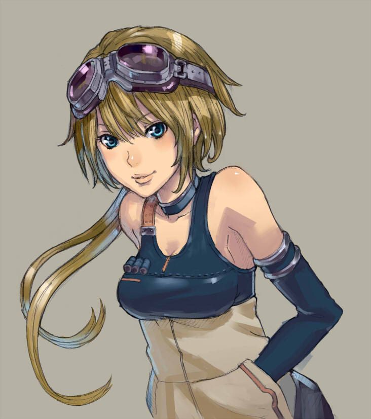 blonde_hair blue_eyes breasts cleavage goggles goggles_on_head hands_in_pockets long_hair medium_breasts original ponytail smile solo tanuki_koubou