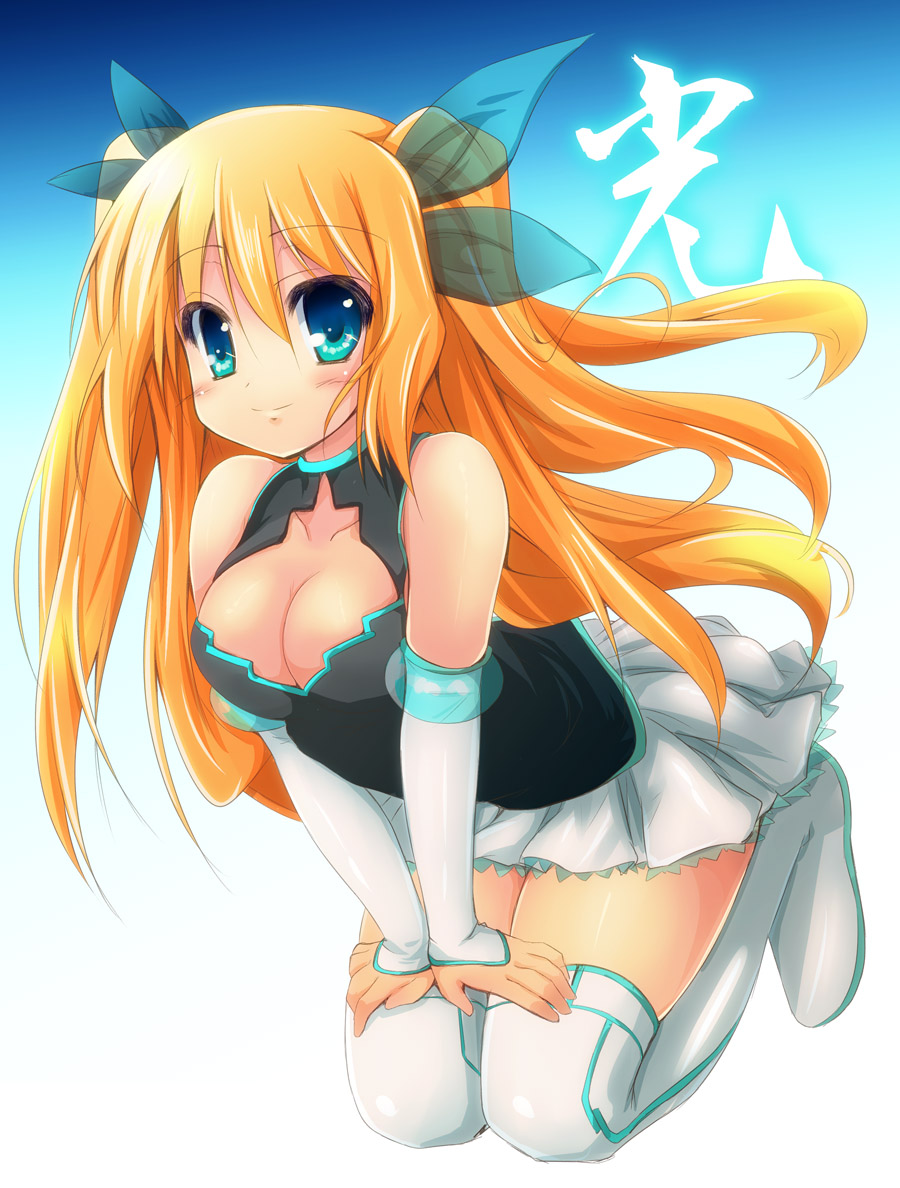 aizawa_hikaru bad_id bad_pixiv_id bare_shoulders blonde_hair blue_eyes boots breasts cleavage cleavage_cutout detached_sleeves green_eyes hair_ribbon kneeling large_breasts long_hair microsoft os-tan ribbon sen_(astronomy) silverlight skirt smile solo thigh_boots thighhighs zettai_ryouiki