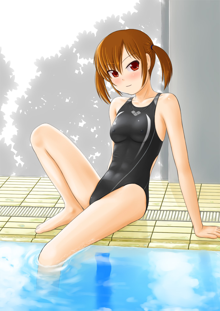 alternate_color arm_support barefoot brown_hair competition_swimsuit drain_(object) one-piece_swimsuit original pool poolside red_eyes refraction ripples short_hair sitting soaking_feet solo swimsuit tk4 twintails water