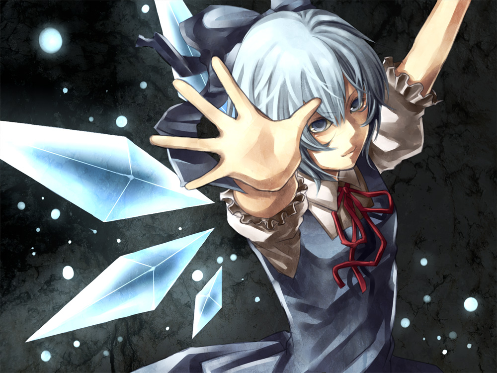 \o/ arms_up blue_eyes blue_hair bow cirno outstretched_arms ribbon sizu solo touhou wings