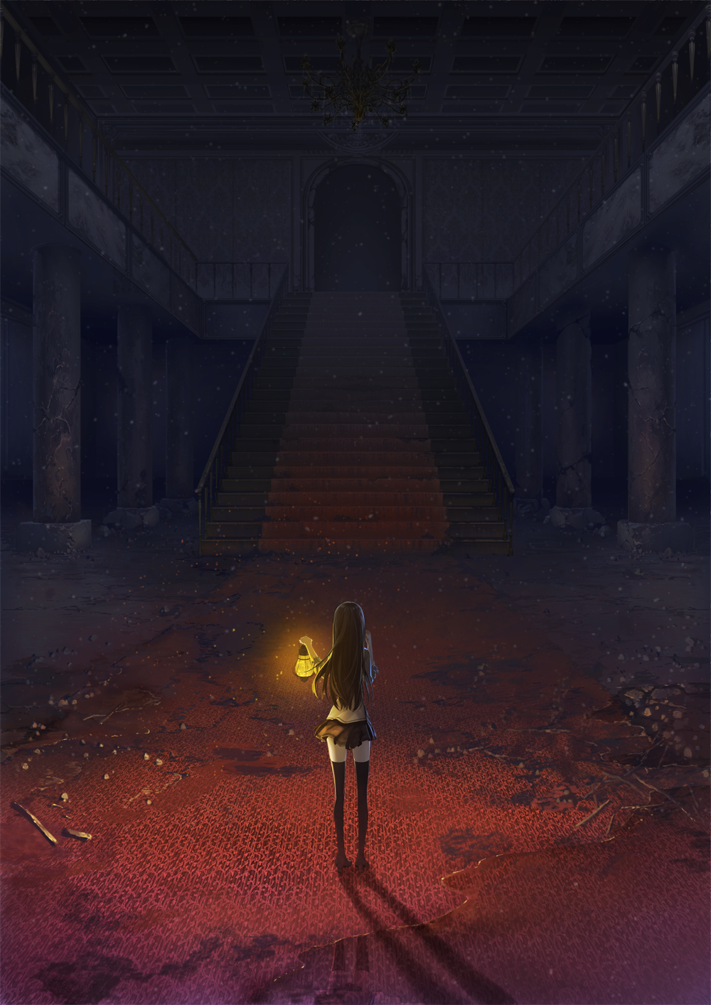 bad_id bad_pixiv_id chandelier column dark from_behind highres lamp pillar puddle reflection ruins shadow skirt solo stairs standing thighhighs white_carpet yuanmaru