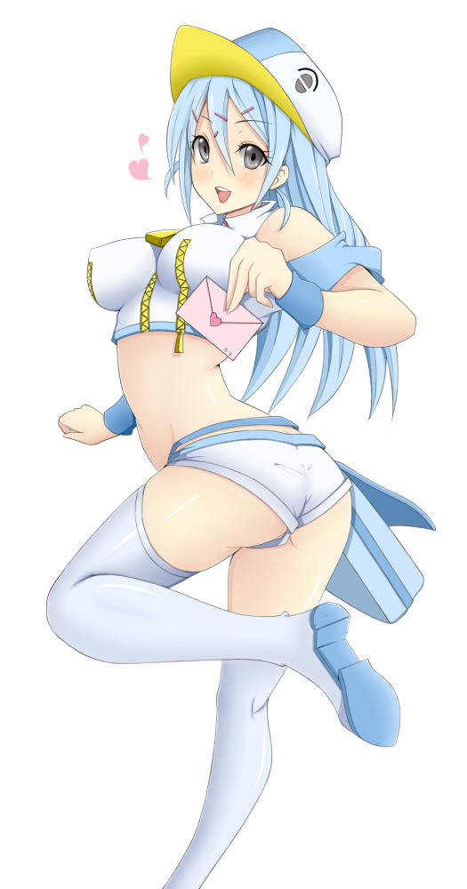 ass blue_hair blush boots breasts covered_nipples emukon gen_3_pokemon hat heart large_breasts leg_up legs letter looking_back mail midriff pelipper personification pokemon short_shorts shorts solo thigh_boots thighhighs thighs white_legwear zipper