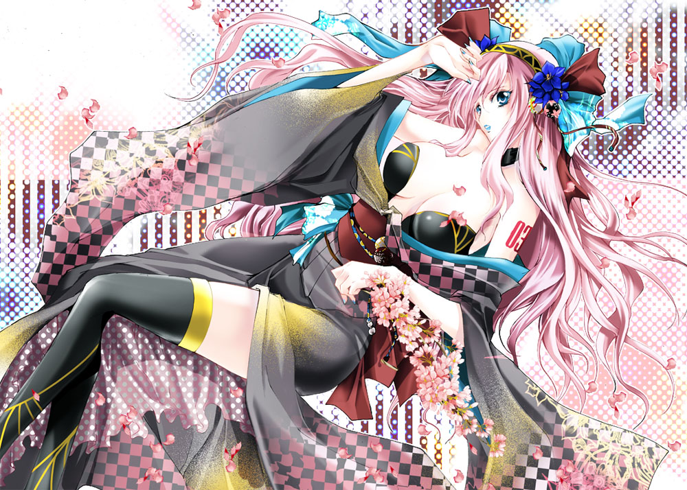 blue_eyes blue_lipstick blue_nails breasts cleavage coco_(eccentricrouge) flower hair_flower hair_ornament hair_ribbon headband japanese_clothes kimono large_breasts lipstick long_hair makeup megurine_luka nail_polish open_clothes petals pink_hair ribbon solo tattoo thighhighs vocaloid