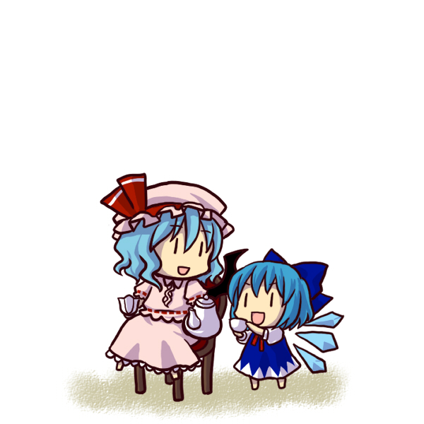 :d bat_wings blue_hair chair chibi cirno cup multiple_girls open_mouth remilia_scarlet simple_background sitting smile socha teacup teapot touhou v-shaped_eyebrows white_background wings |_|