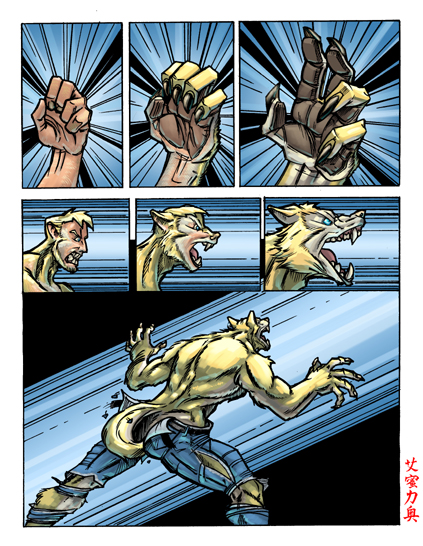 anthro blonde_hair blue_eyes canine clothing comic fur hair male mammal muscular solidasp torn_clothing transformation were werewolf