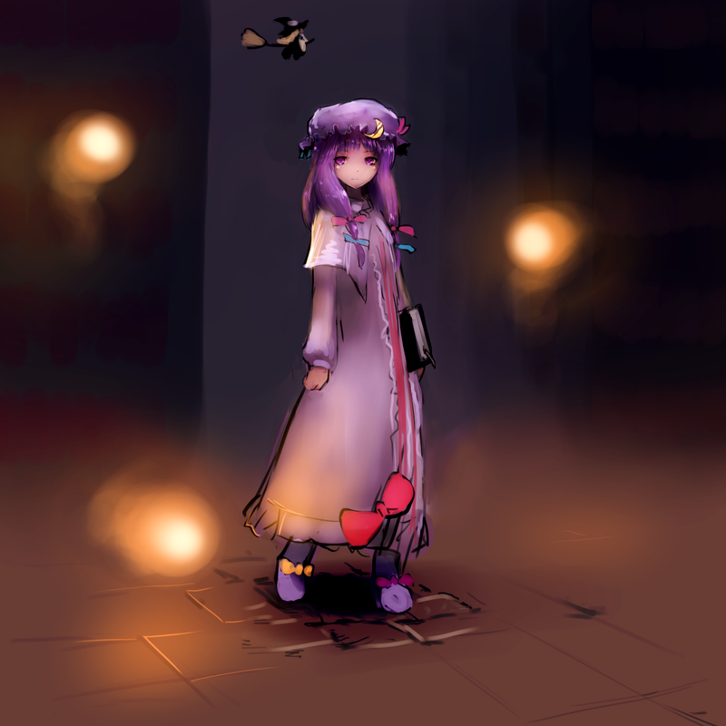 bad_id bad_pixiv_id blonde_hair book capelet chirigami-san crescent fire flame floating frills ghost hat holding holding_book kirisame_marisa light long_sleeves looking_at_another looking_at_viewer mob_cap multiple_girls patchouli_knowledge standing touhou