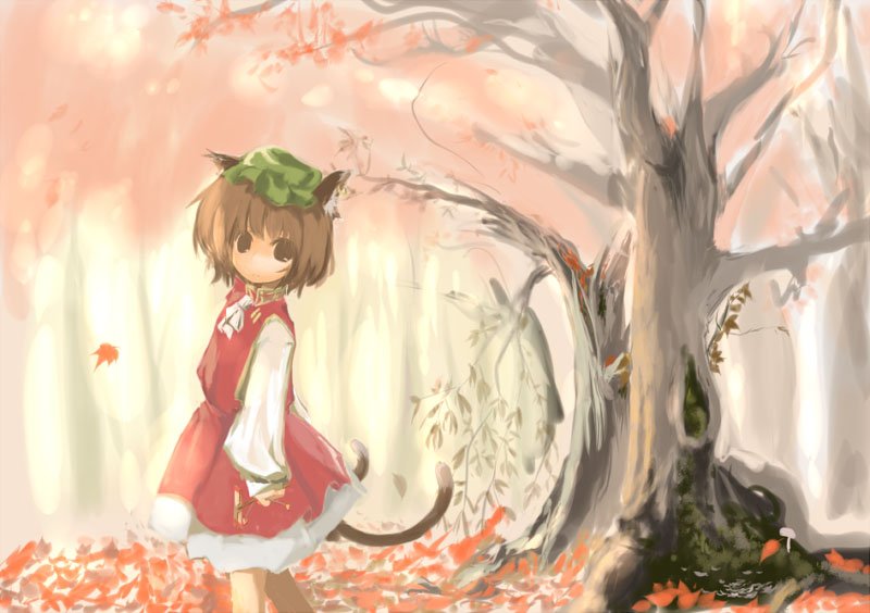 animal_ears autumn bad_id bad_pixiv_id brown_eyes brown_hair cat_ears cat_tail chen earrings forest hat jewelry leaf multiple_tails nature sanoharu short_hair solo tail touhou tree