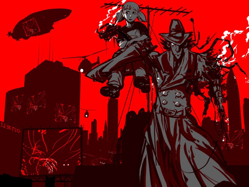 1girl aircraft antennae blimp cyborg damaged dirigible doctor_claw gadget hat helicopter inspector_gadget monochrome non-web_source penny_(inspector_gadget) red red_background ruben_de_vela smoke steam trench_coat wallpaper