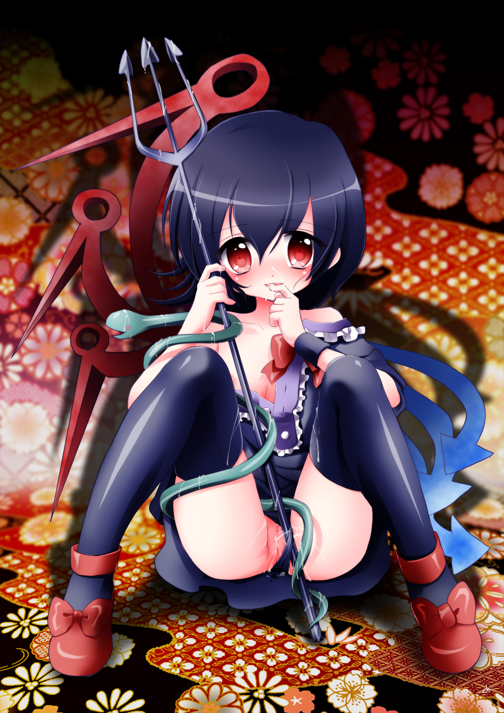 asymmetrical_wings bare_shoulders black_hair black_legwear breasts choco_(moyasi) highres houjuu_nue no_bra off_shoulder open_clothes open_shirt panties panties_aside polearm pussy pussy_juice red_eyes shirt short_hair sitting small_breasts snake solo thighhighs touhou trident uncensored underwear weapon wings