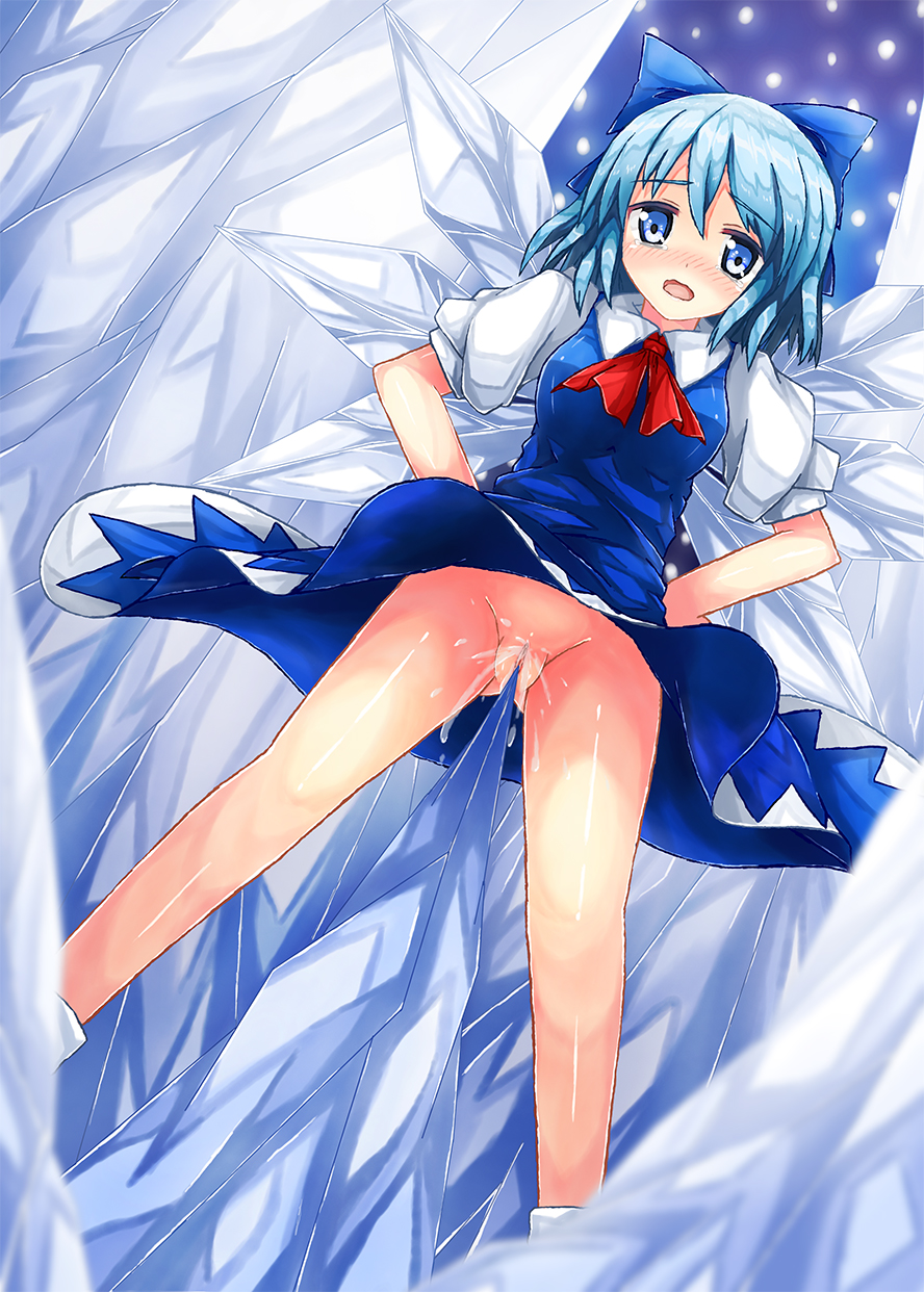 90i blue_eyes blue_hair blush bow cirno dress from_below hair_bow hands_on_hips highres ice ice_wings no_panties object_insertion pussy pussy_juice short_hair solo tears touhou vaginal vaginal_object_insertion wings