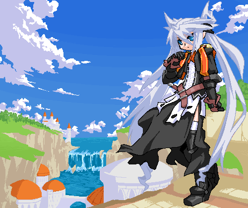 arm_guards belt black_footwear black_gloves black_jacket blue_eyes blue_sky boots bow bowtie building castle cloud day full_body gloves hair_between_eyes jacket leg_up long_hair lowres mof mof's_silver_haired_twintailed_girl oekaki open_clothes open_jacket original outdoors red_bow red_neckwear river silver_hair sky solo standing thigh_boots thighhighs tsurime twintails very_long_hair water waterfall