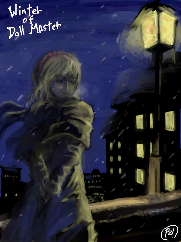 alice_margatroid blonde_hair blue_dress building capelet dress frills from_behind lamp lamppost lantern looking_at_viewer looking_back night night_sky outdoors pe-tan short_hair sky snow solo star_(sky) starry_sky text_focus touhou upper_body