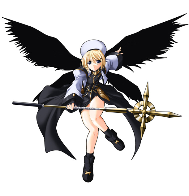 angel_wings blonde_hair blue_eyes bob_cut boots dress fingerless_gloves flat_chest full_body gloves hair_ornament hairclip hat jacket kanten leg_up legs lyrical_nanoha magical_girl mahou_shoujo_lyrical_nanoha_strikers open_clothes open_jacket panties pantyshot pantyshot_(standing) schwertkreuz short_dress short_hair simple_background solo staff standing underwear wings yagami_hayate