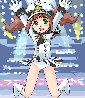 \o/ arms_up artist_request band_uniform brown_hair green_eyes idolmaster idolmaster_(classic) idolmaster_live_for_you! jumping lowres oekaki outstretched_arms solo takatsuki_yayoi twintails