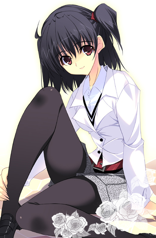 ahoge belt black_footwear black_hair black_legwear blue_eyes blush bow braid buckle buttons flower hair_bow knee_up kobayashi_chisato long_sleeves looking_at_viewer miniskirt original pantyhose red_eyes rose shirt shoes simple_background single_braid skirt smile solo spotted_skirt two_side_up white_background white_flower white_rose white_shirt