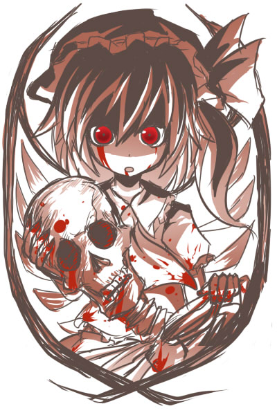 blood flandre_scarlet haro_(artist) holding looking_at_viewer monochrome red skeleton skull solo touhou wings