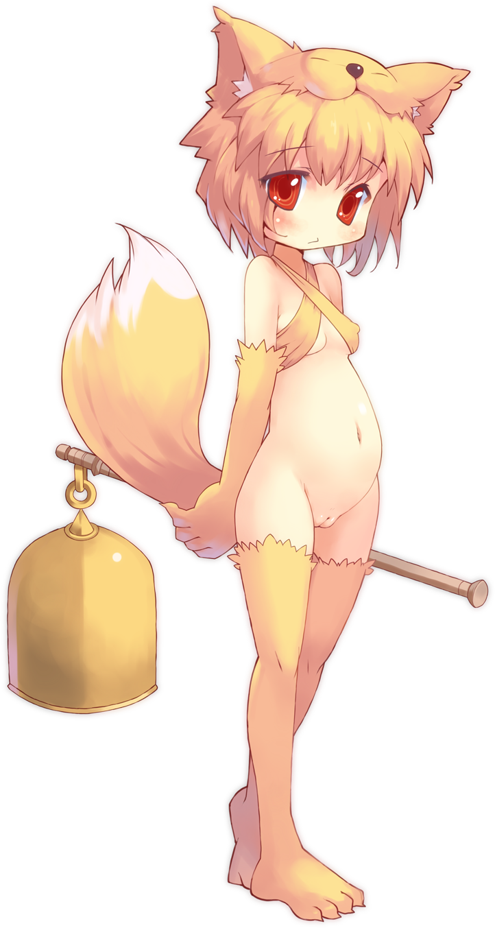 animal_ears bad_id bad_pixiv_id bell belly blonde_hair elbow_gloves fat_mons fox_ears gloves highres looking_at_viewer moonlight_flower navel pregnant pussy ragnarok_online red_eyes short_hair simple_background solo tail thighhighs tsuderou uncensored white_background