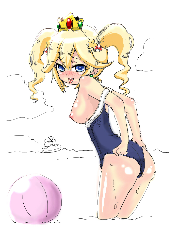 1girl ball blonde_hair blue_eyes breasts crown earrings headset jewelry kerger360 mario mario_(series) naughty_face nintendo nipples open_mouth princess_peach school_swimsuit smile super_mario_bros. swimsuit tongue twintails